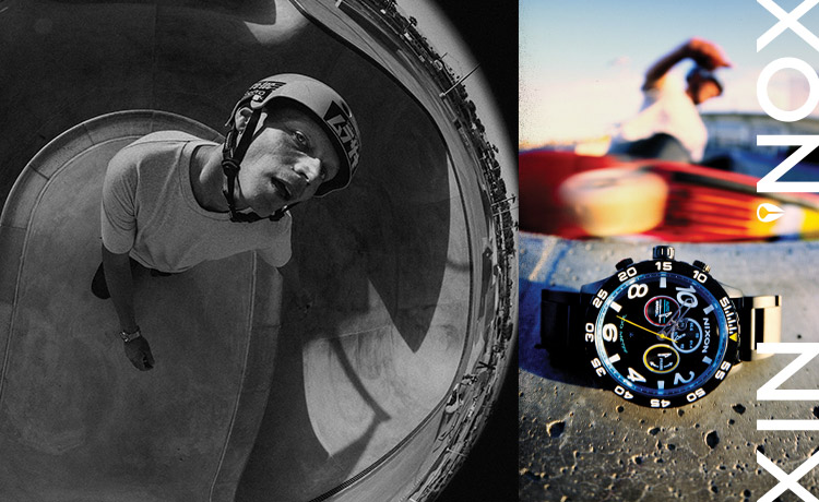 Collage view of Nixon Fisheye Collection watches with skateboarders, fisheye camera lens, and product detail shots.