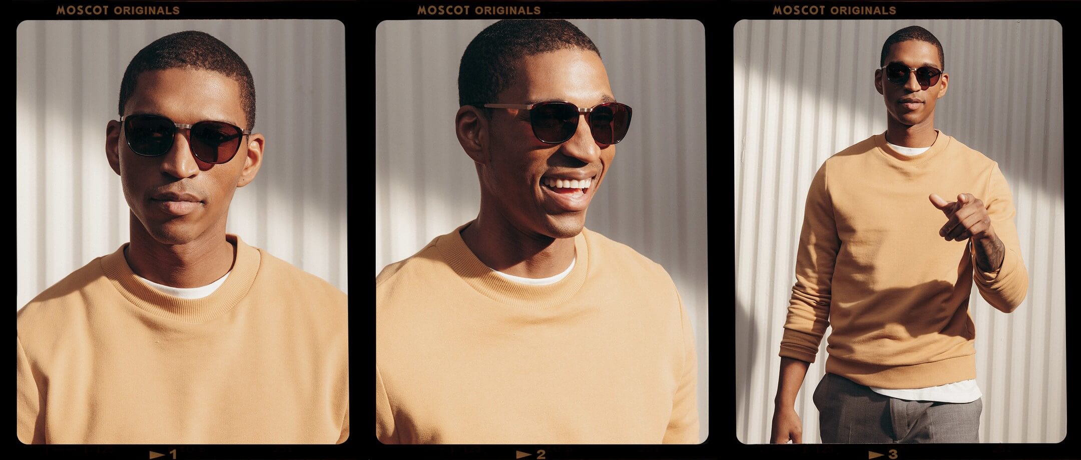 Model is wearing The BRUDE SUN POLARIZED in Burnt Tortoise/Gold in size 51 with Cosmitan Brown Glass Lenses