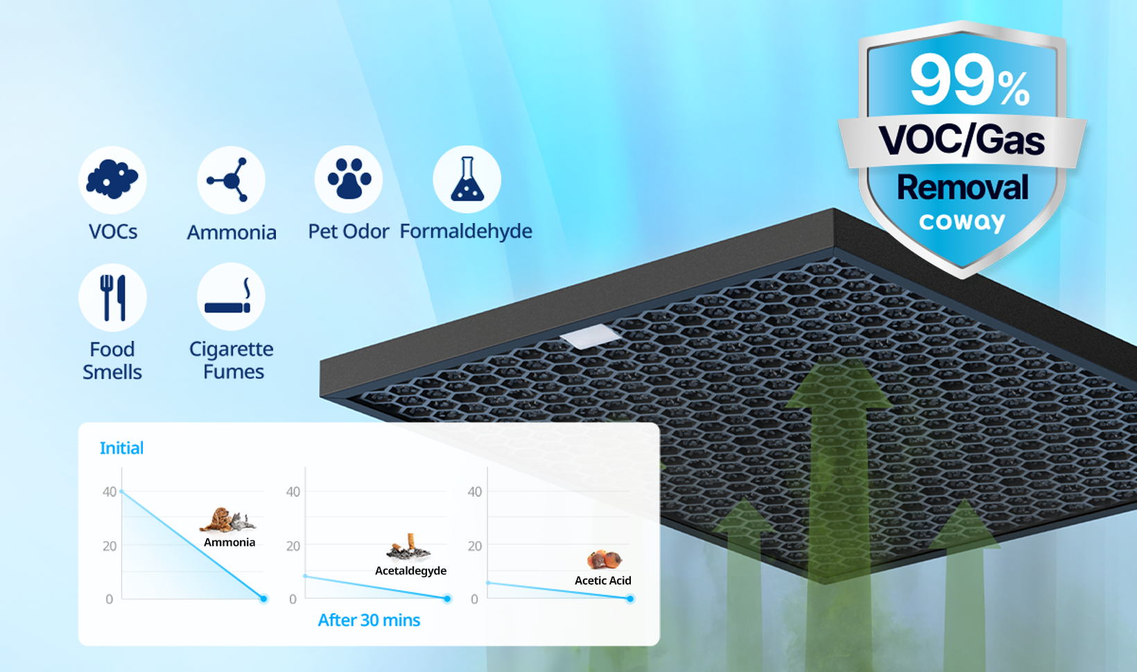 Activated Carbon Filter capturing VOCs, ammonia, pet odor, formaldehyde, food smells, cigarette fumes