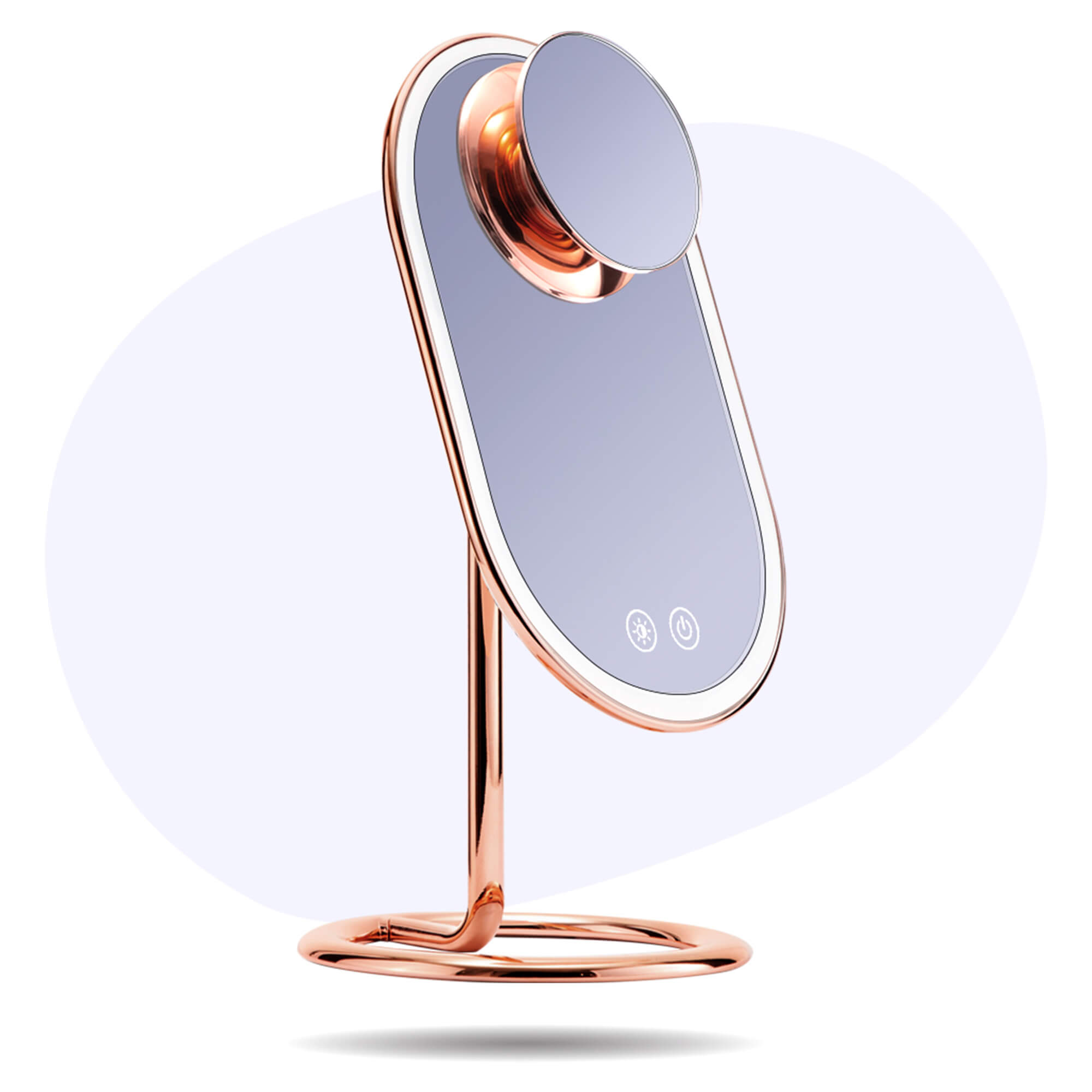 Vera premium lighted vanity mirror with 10x magnifying mirror attachment in rose gold.