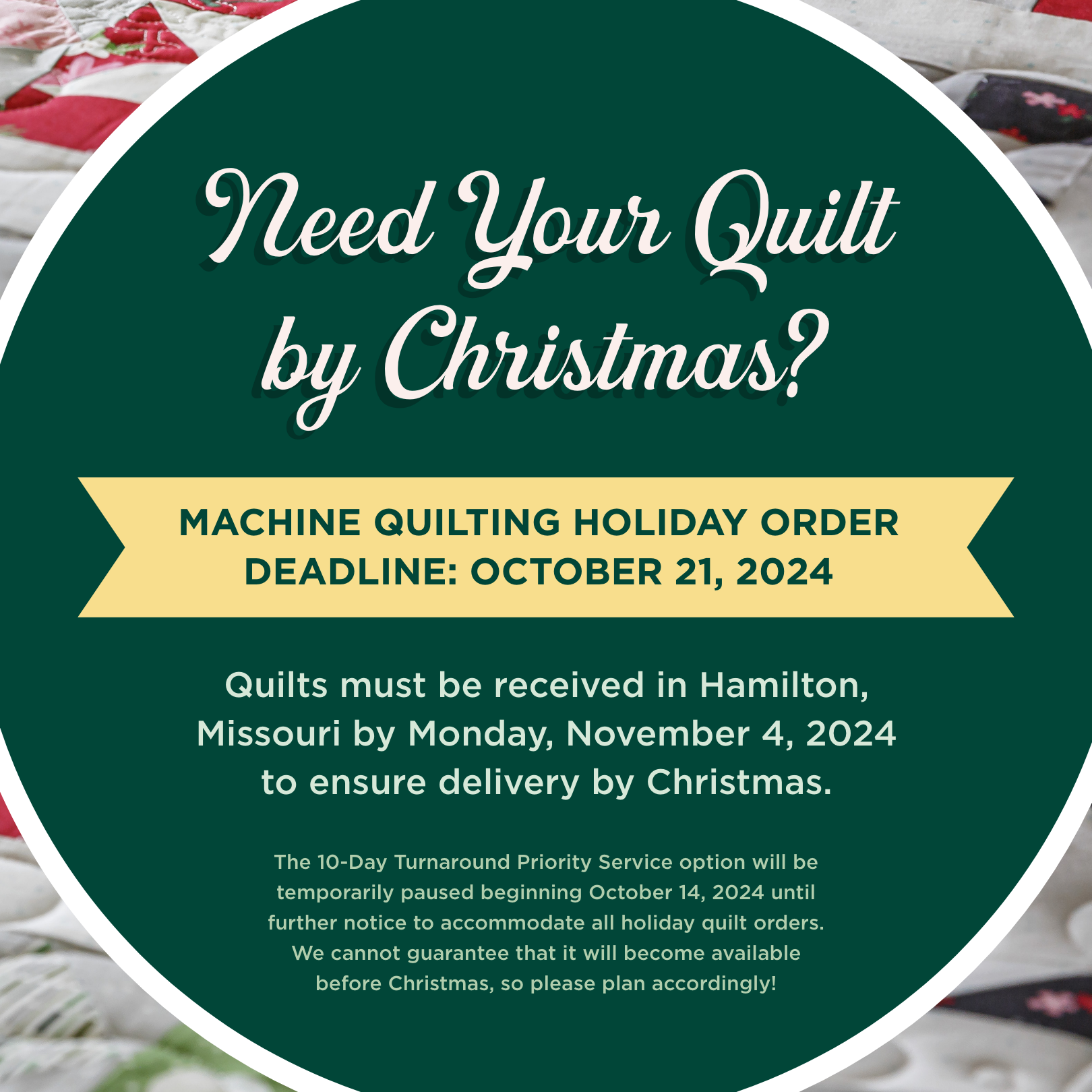 introducing faster turnaround times for longarm machine quilting services at Missouri Star! Value service quilting completed in 4 weeks or upgrade to priority for 7-day guaranteed turnaround. Please allow additional time for quilt binding, if ordered.