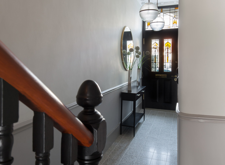 Walls above the dado painted with a Neutral Paint With Green Undertones, Alderman No.60

