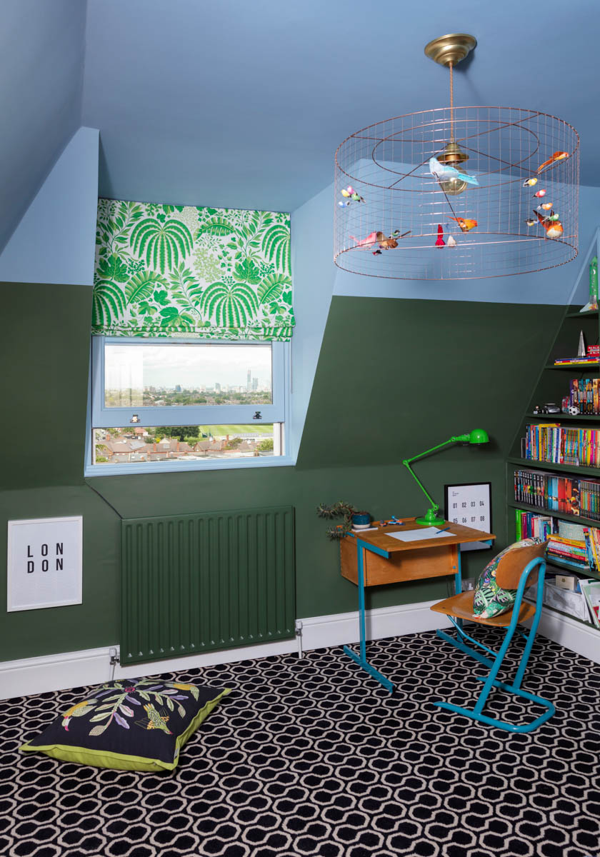 A sky blue ceiling in a children's room painted with Bedford Square No.229

