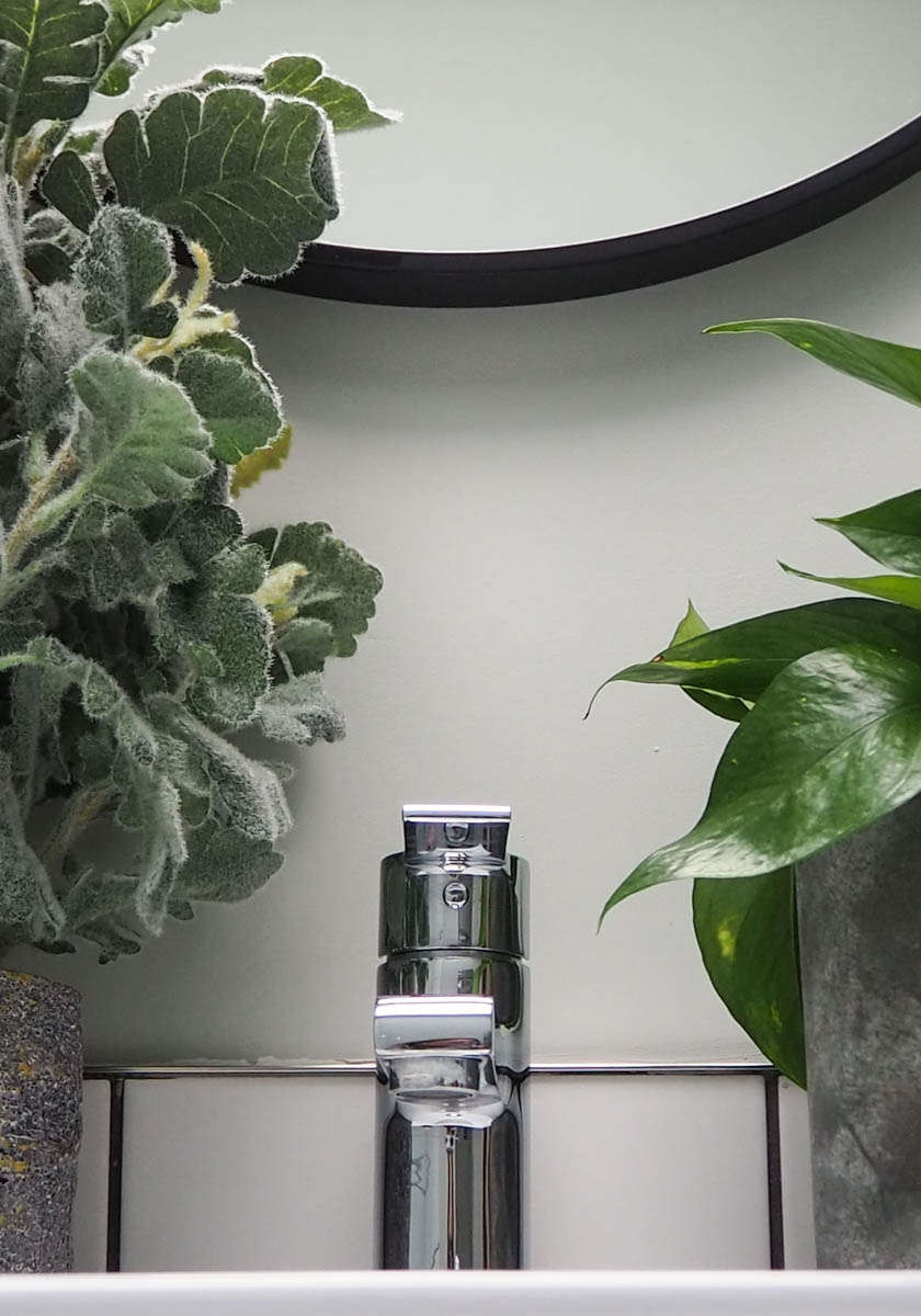Light Grey Green walls behind a tap and plants painted with Chiswick No.100

