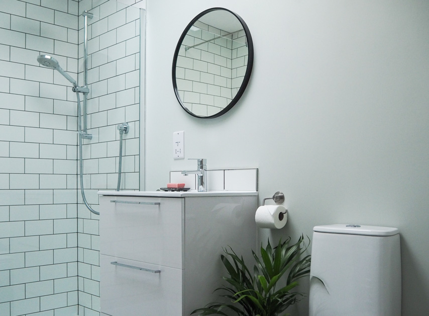 Light Grey Green bathroom walls painted with Chiswick No.100

