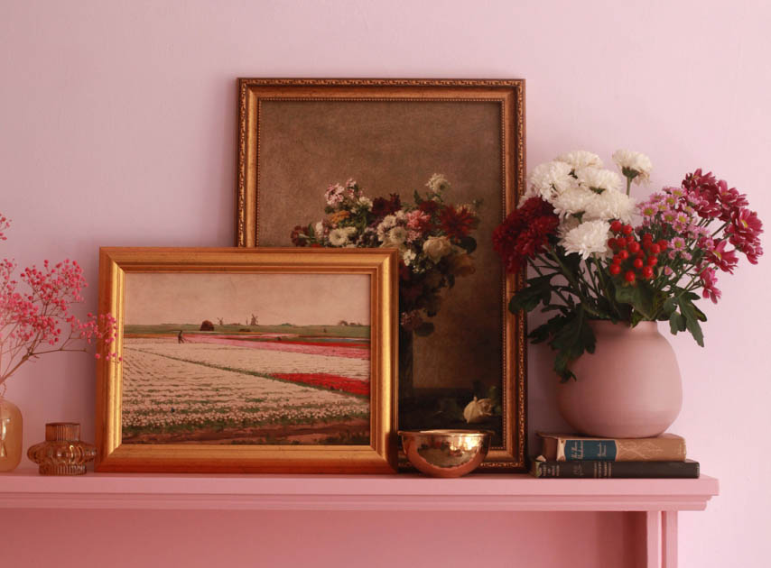 Living room walls with paintings and flowers on, in Floris No.27, a Blush Pink Paint

