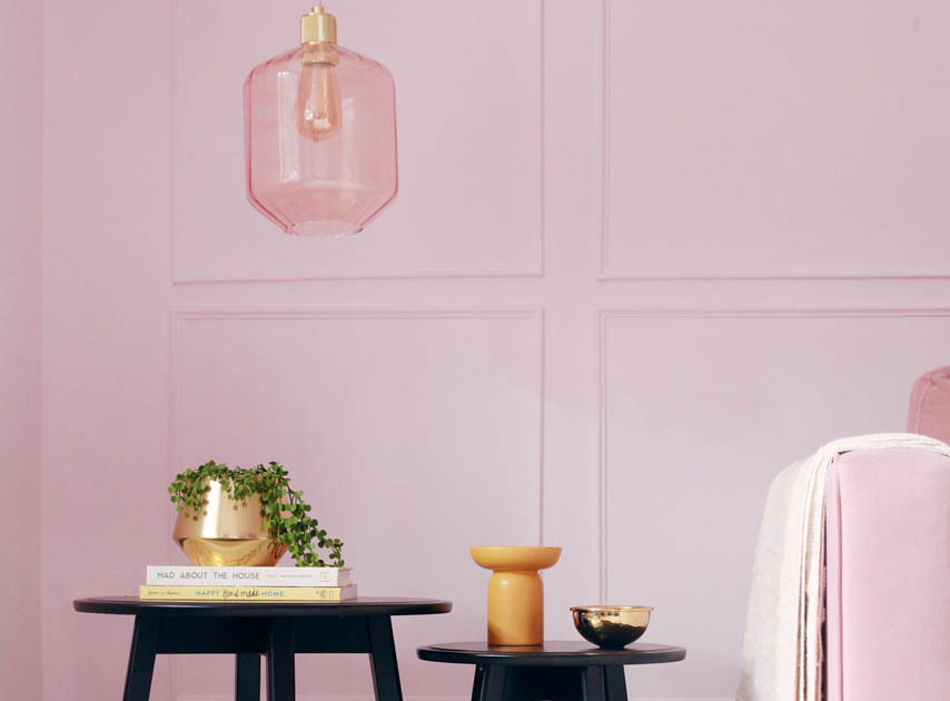 Living room walls and woodwork behind side coffee tables, in Floris No.27, a Blush Pink Paint

