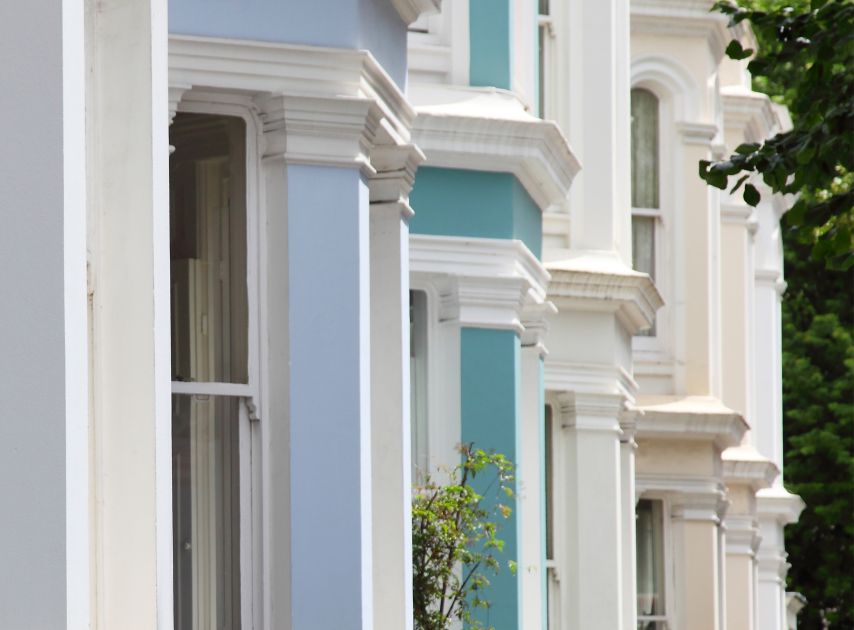 A pale blue exterior door painted with Lambeth Walk No.210


