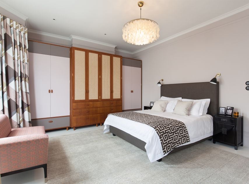 Pink Grey bedroom walls painted with Rose Theatre No.249

