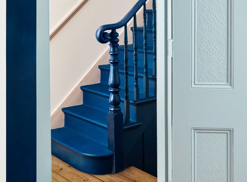Bold Ocean Blue stairs painted with Proper Blue™ No.67 