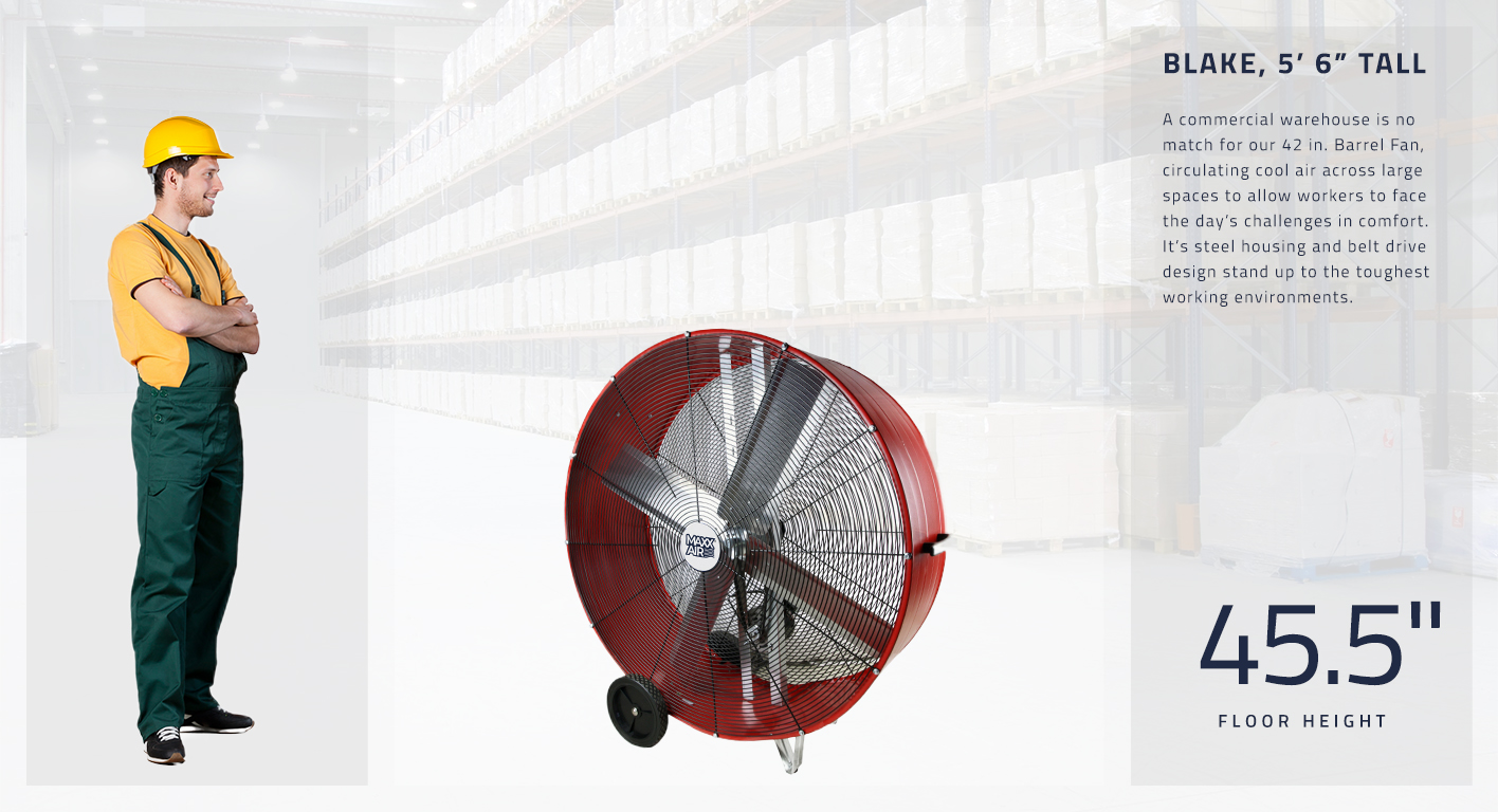 Our 42 in. fan stands 45.5 inches tall and is designed for large scale air circulation needs, making it an essential tool for worker comfort in a warehouse.