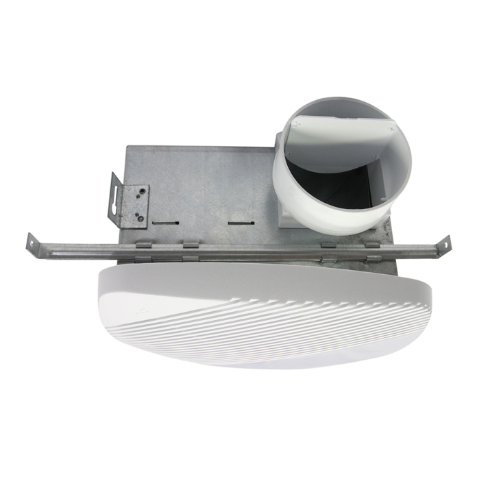 View of the MS Series bath fan showing the 4 in. duct and adjustable L brackets.