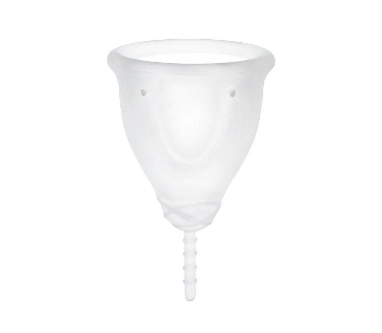 A closeup of the Cora Menstrual Cup, highlighting the innovative finger indent.