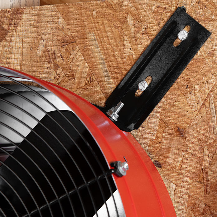Close-up of a bracket installed on the fan at a gable end of the attic.