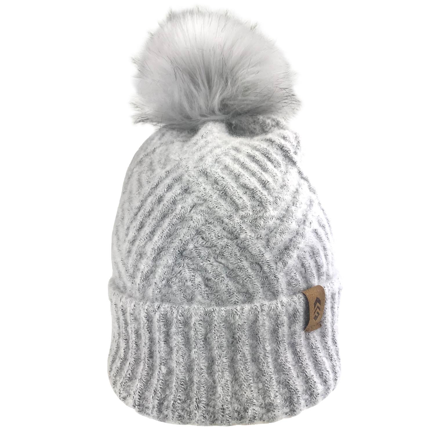 Women's Cross Cable Knit Beanie with Faux Fur Pom