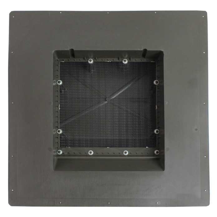 Underside of the slant vent showing the mesh rodent-proof screen.