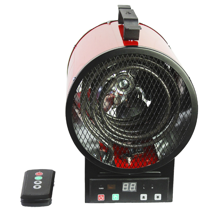 Front view of the heater showing the steel heating element and digital display with remote.