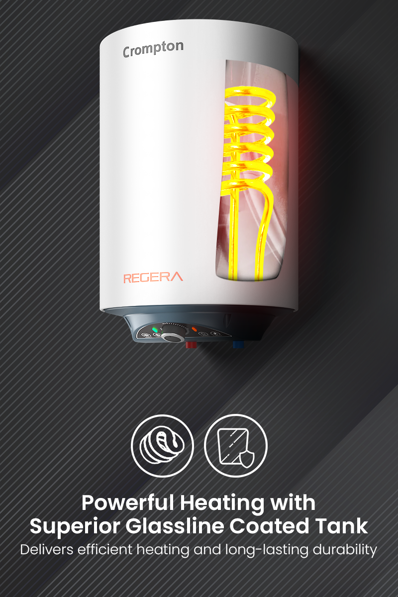 Powerful heating with superior glassline coated tank