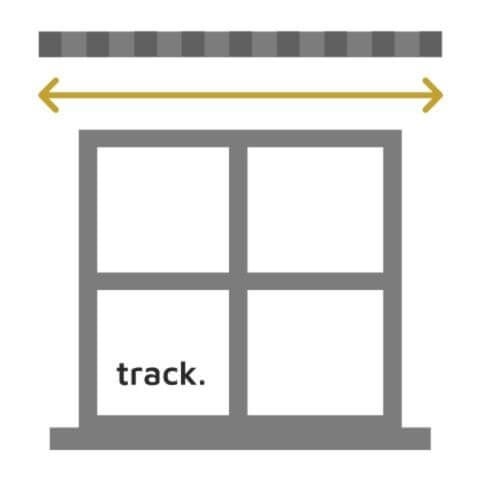 An annotated graphic showing that the entire width of a curtain track should be measured when measuring for pencil pleat curtain width.