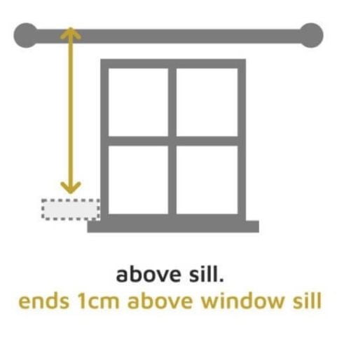 A labeled diagram illustrating how to measure for a short pencil pleat curtain length, with an arrow stretching from the curtain pole down to 1cm above the window sill.   