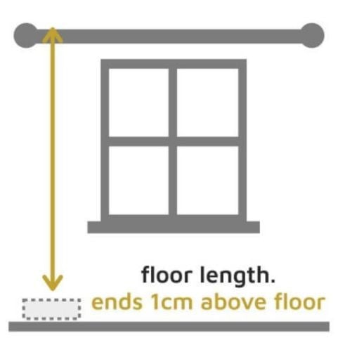 A labeled infographic showing how to measure for floor-length pencil pleat curtains, with a double-sided arrow stretching from the top of a curtain pole down to 1cm above the floor.