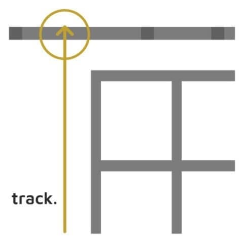 An infographic instructing viewers the correct starting point when measuring for pencil pleat curtain length and using a curtain track. An arrow illustrated that viewers should start their measurement from the very top of the curtain track.