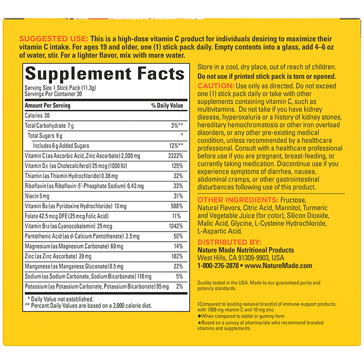 ImmuneMAX† ™ Fizzy Drink Mix 2000 mg Vitamin C with Zinc and Vitamin D Stick Packs Supplement Facts