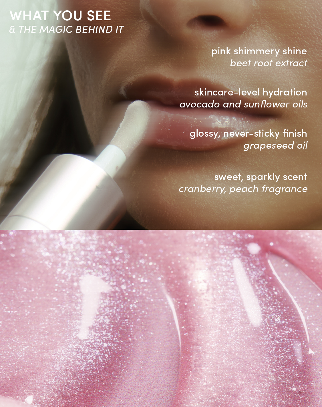 Close-up of Pink Stardust Hydrating Tinted Lip Oil being applied to lips, highlighting pink shimmery shine, skincare-level hydration, a glossy non-sticky finish, and a sweet cranberry-peach scent.