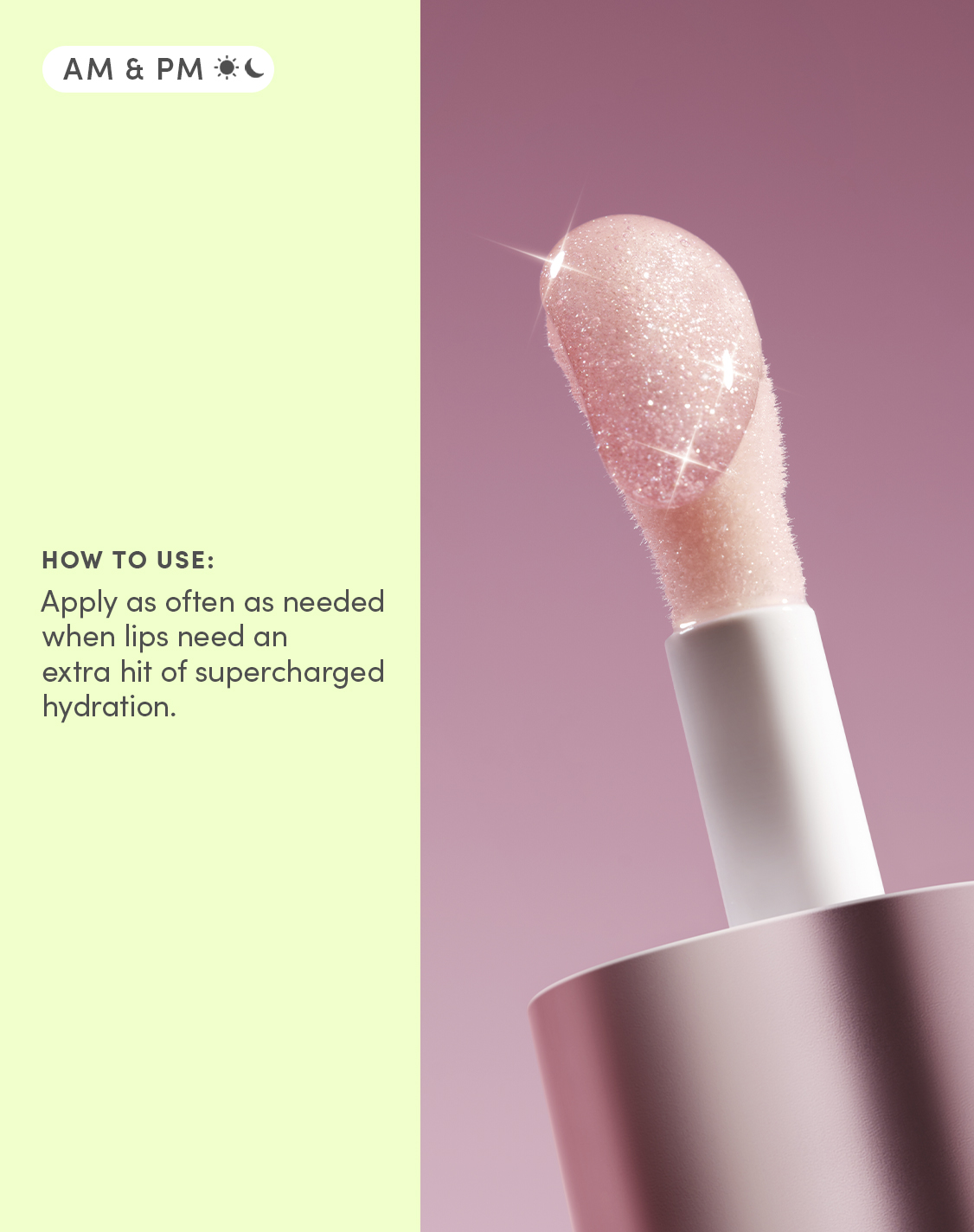 Close-up of the Pink Stardust Lip Oil applicator coated in shimmery pink oil, with instructions to apply as often as needed for extra hydration.