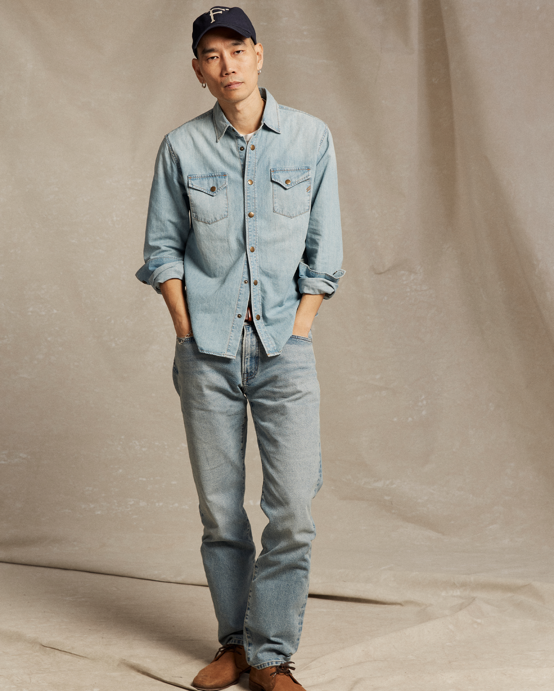 Model wears the Shoals Denim Shirt.