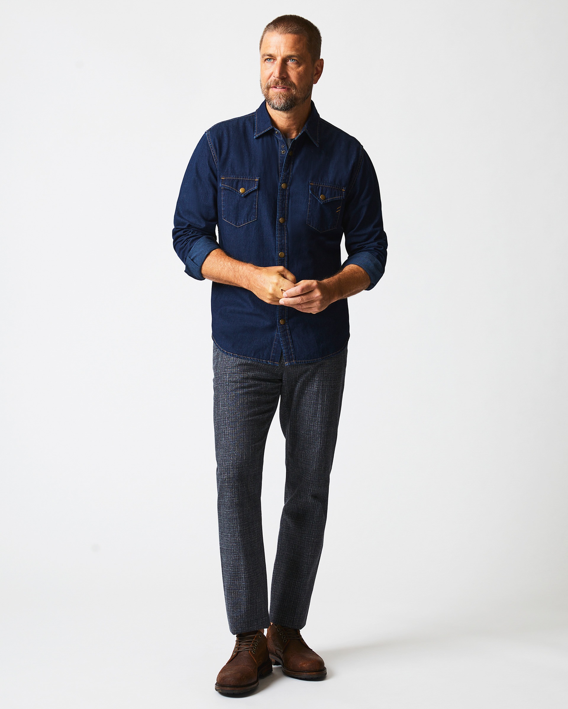 Model shows the fit of the shirt.