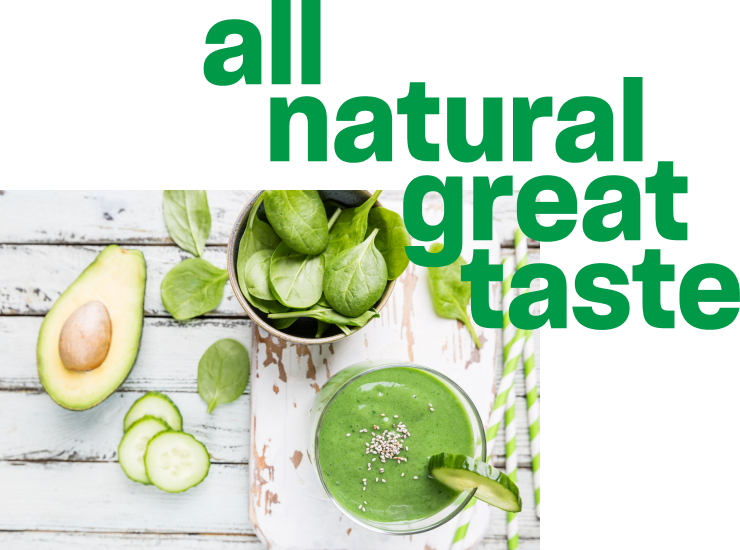 all natural great taste with a green smoothie, avocado, cucumbers, spinach
