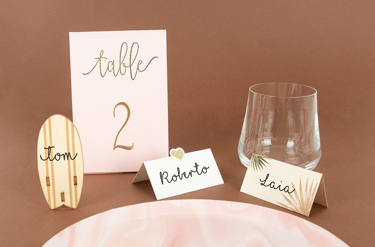 Original place cards for wedding table decoration, baptism table