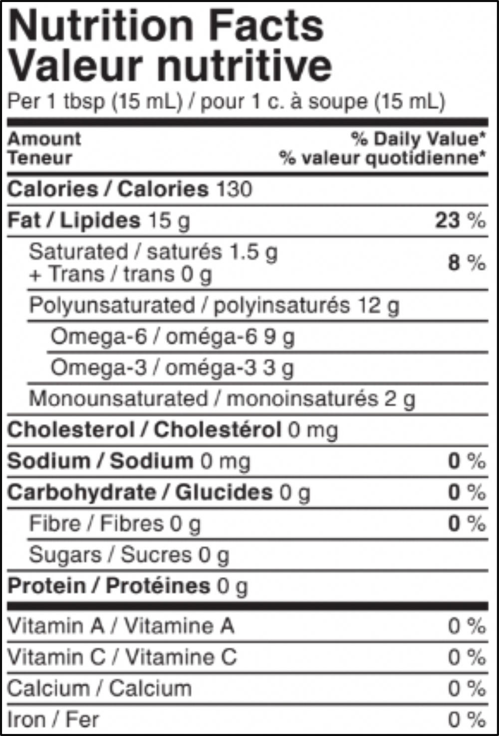 Natural Hemp Seed Oil Nutrition label