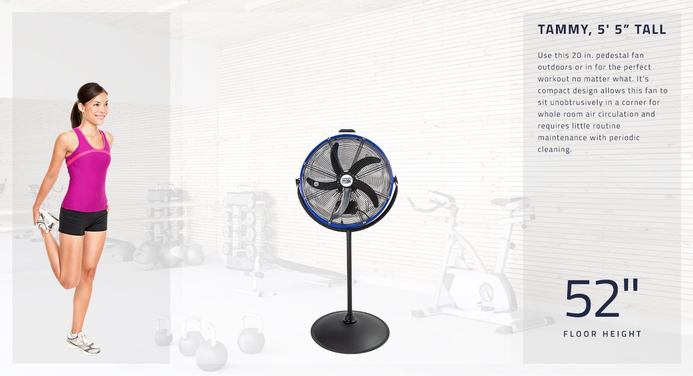 Use this 20 in. pedestal fan outdoors or in for the perfect workout no matter what. It’s compact design allows this fan to sit unobtrusively in a corner for whole room air circulation and requires little routine maintenance with periodic cleaning. This fan stands at 52 inches tall.
