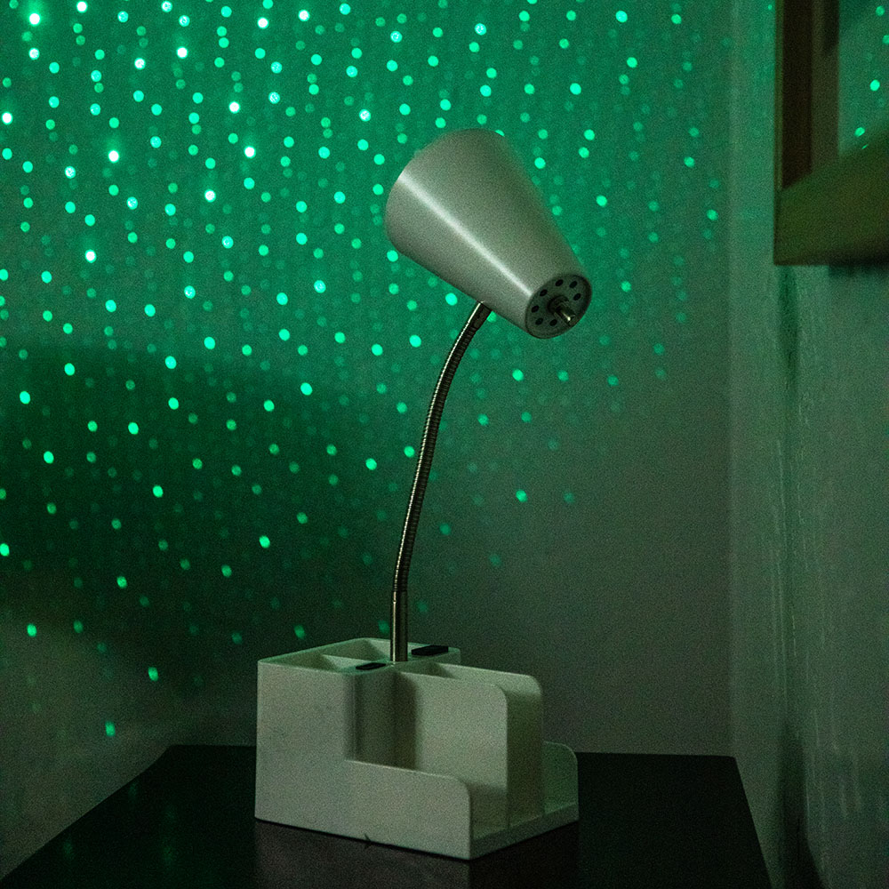 green blissbulb laser lightbulb in gooseneck lamp