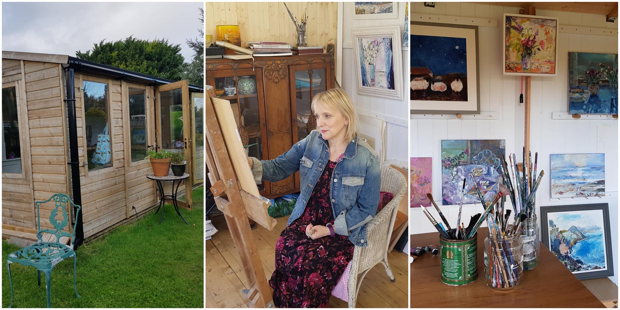 Original Art Cards and Prints by Judi Glover Art. The picture shows Judi Glover painting on an easel in her studio in the New Forest, Hampshire, UK.