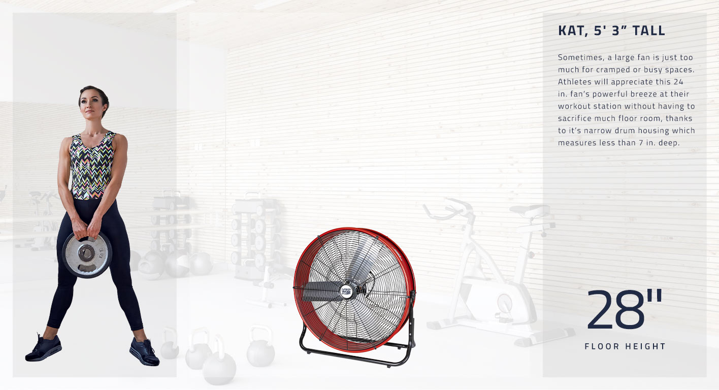 Sometimes, a large fan is just too much for cramped or busy spaces. Athletes will appreciate this 24 in. fan’s powerful breeze at their workout station without having to sacrifice much floor room, thanks to it’s narrow drum housing which measures less than 7 in. deep. This fan measures 28 in. high.