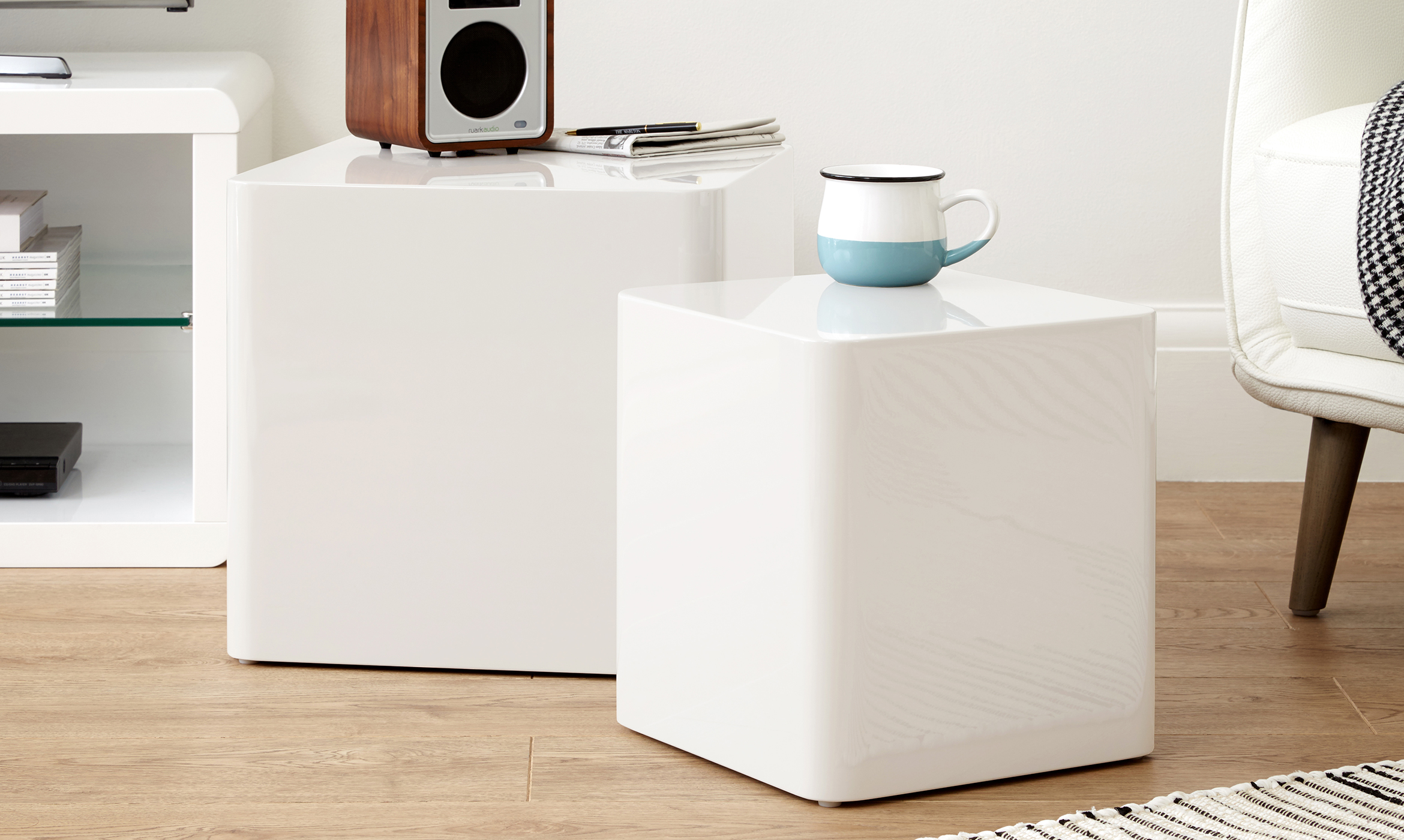 White Gloss Cubed Side Tables Pairing, White Gloss Lamp Table