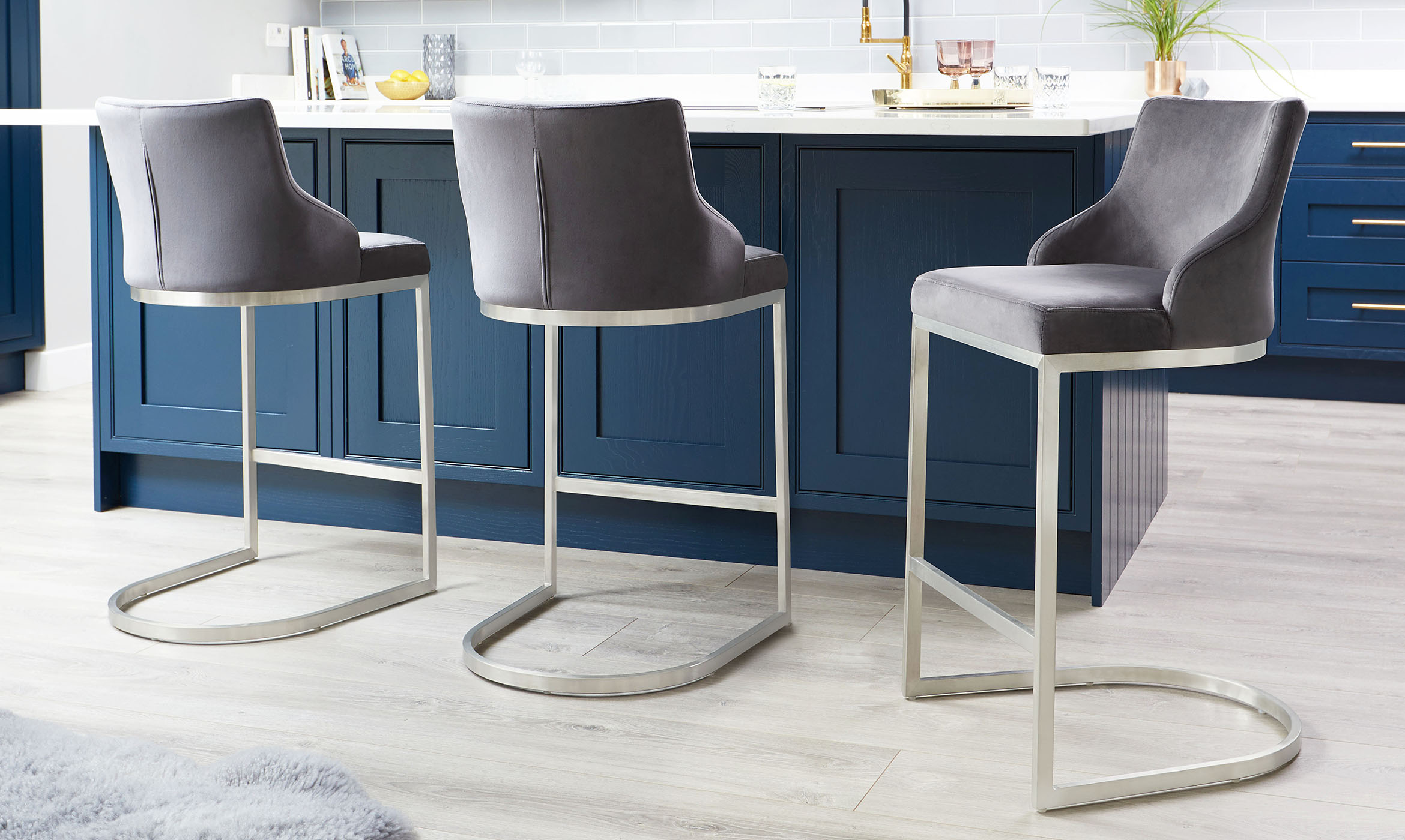 Form Brushed Steel And Velvet Kitchen Stools With Back Danetti Form Brushed Steel And Velvet Kitchen Stools With Back Danetti