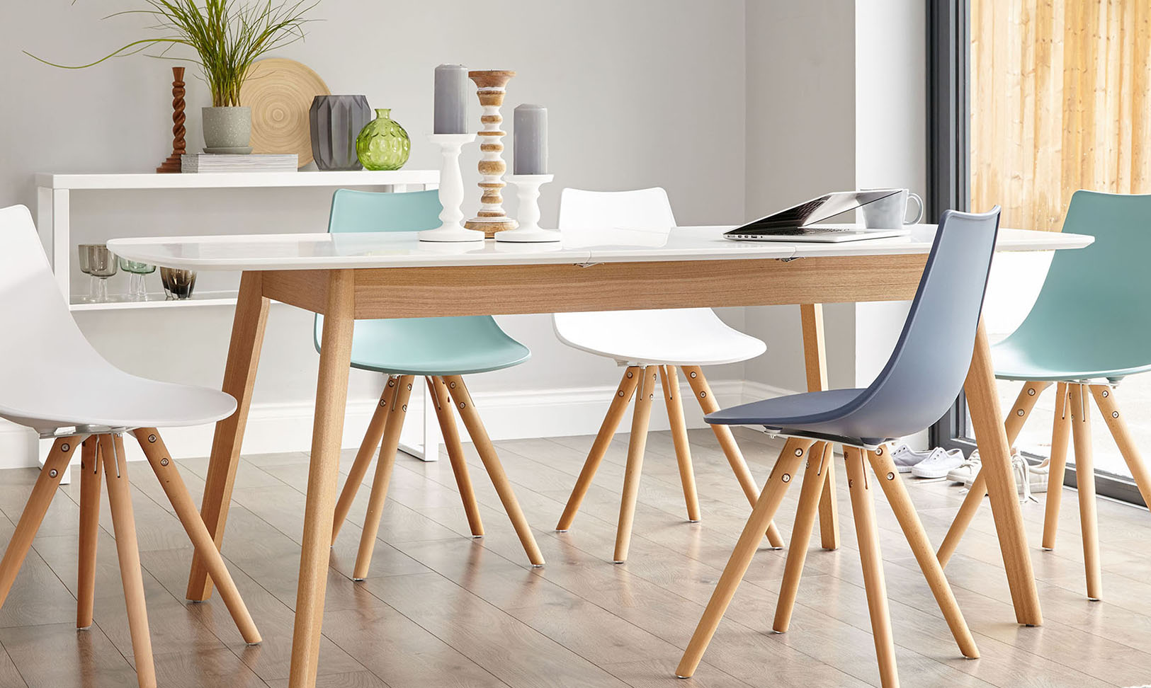 White Matt Satin Extending Dining Table With Oak Legs Danetti White Matt Satin Extending Dining Table With Oak Legs Danetti