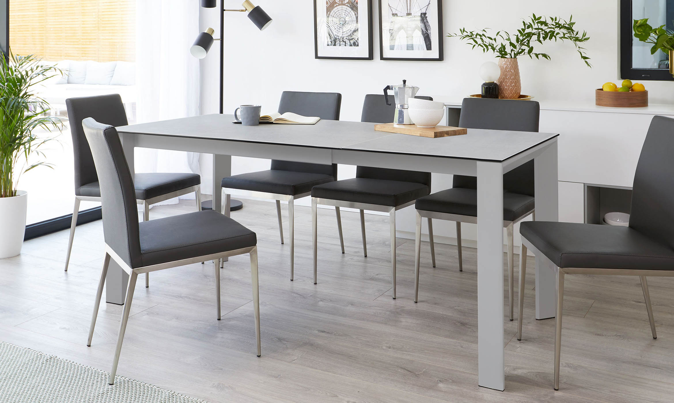 Louis Light Grey Ceramic Extending, Light Grey Wooden Dining Table And Chairs