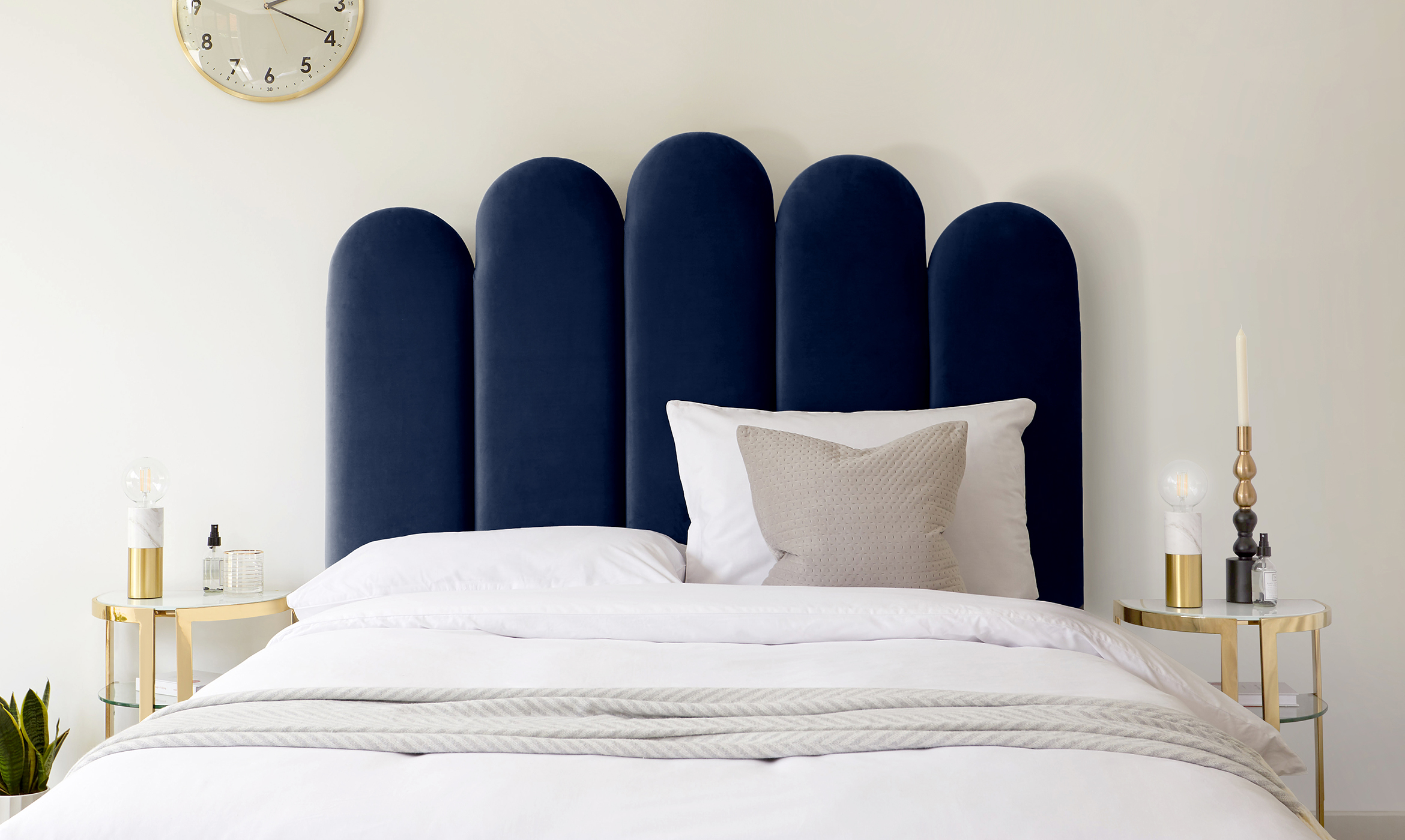 Navy Brushed Velvet And Brass, High Headboard King Size Ottoman Bed