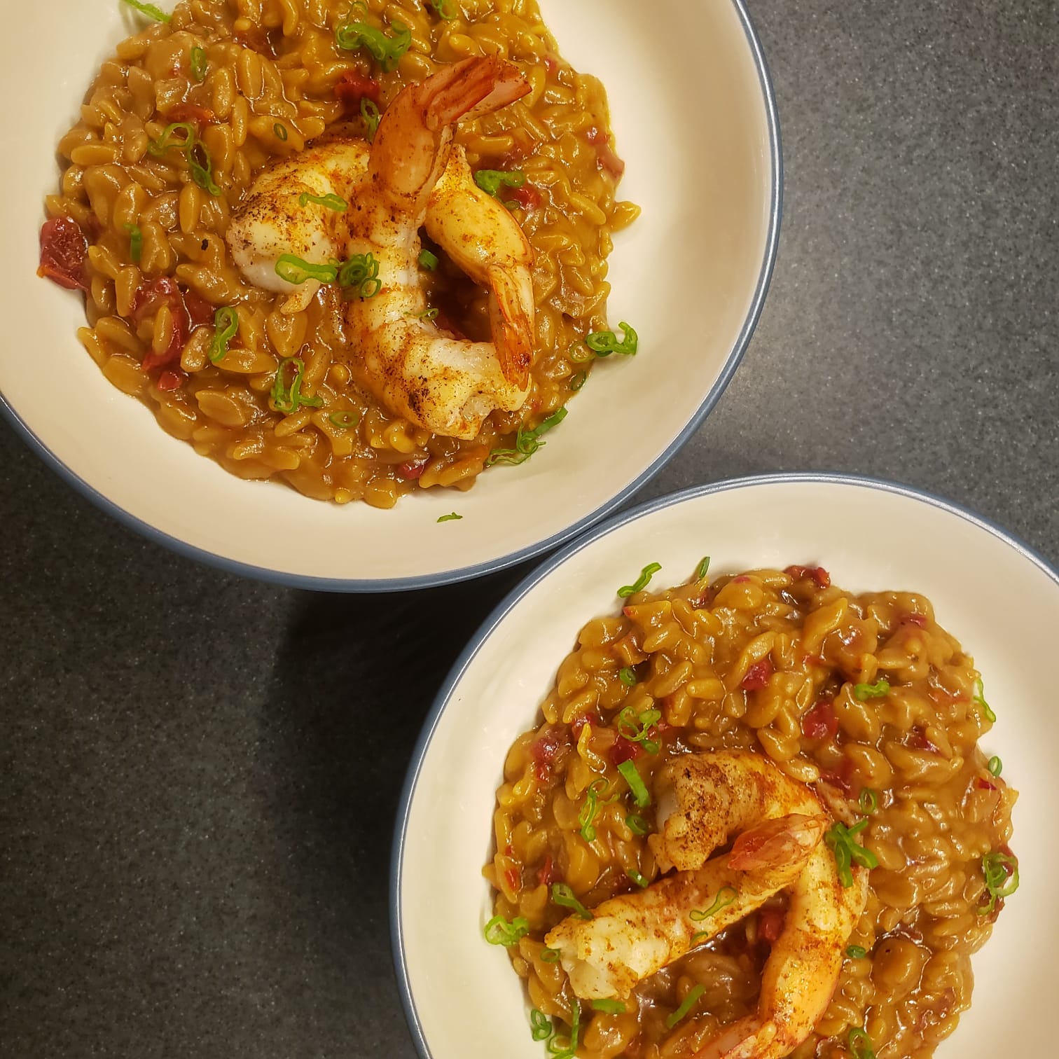 Shrimp ans saffron orzo. risotto style recipe. fresh pasta recipe