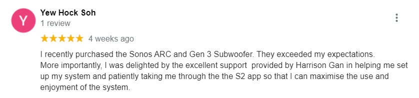 5 Star Google Review about Sonos Arc and the excellent support received from TC