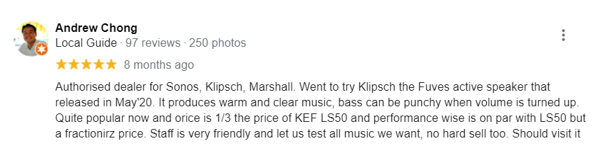 5 Star Google Review about Klipsch The Five's warm and clear music 