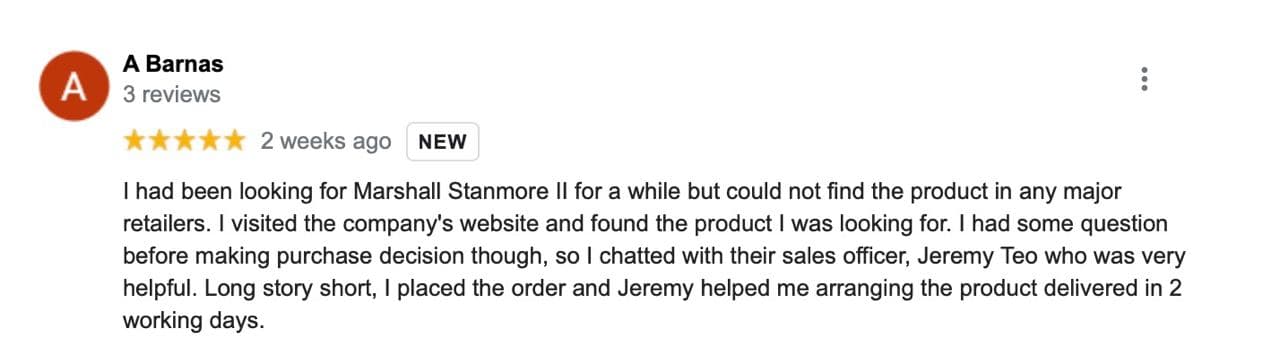 5 Star Google Review about the Marshall Stanmore and amazing support by TC staff