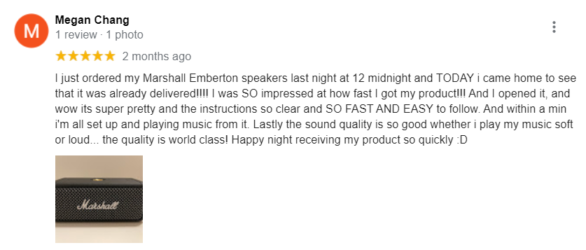 5 Star Google Review about Marshall Emberton's world-class sound quality