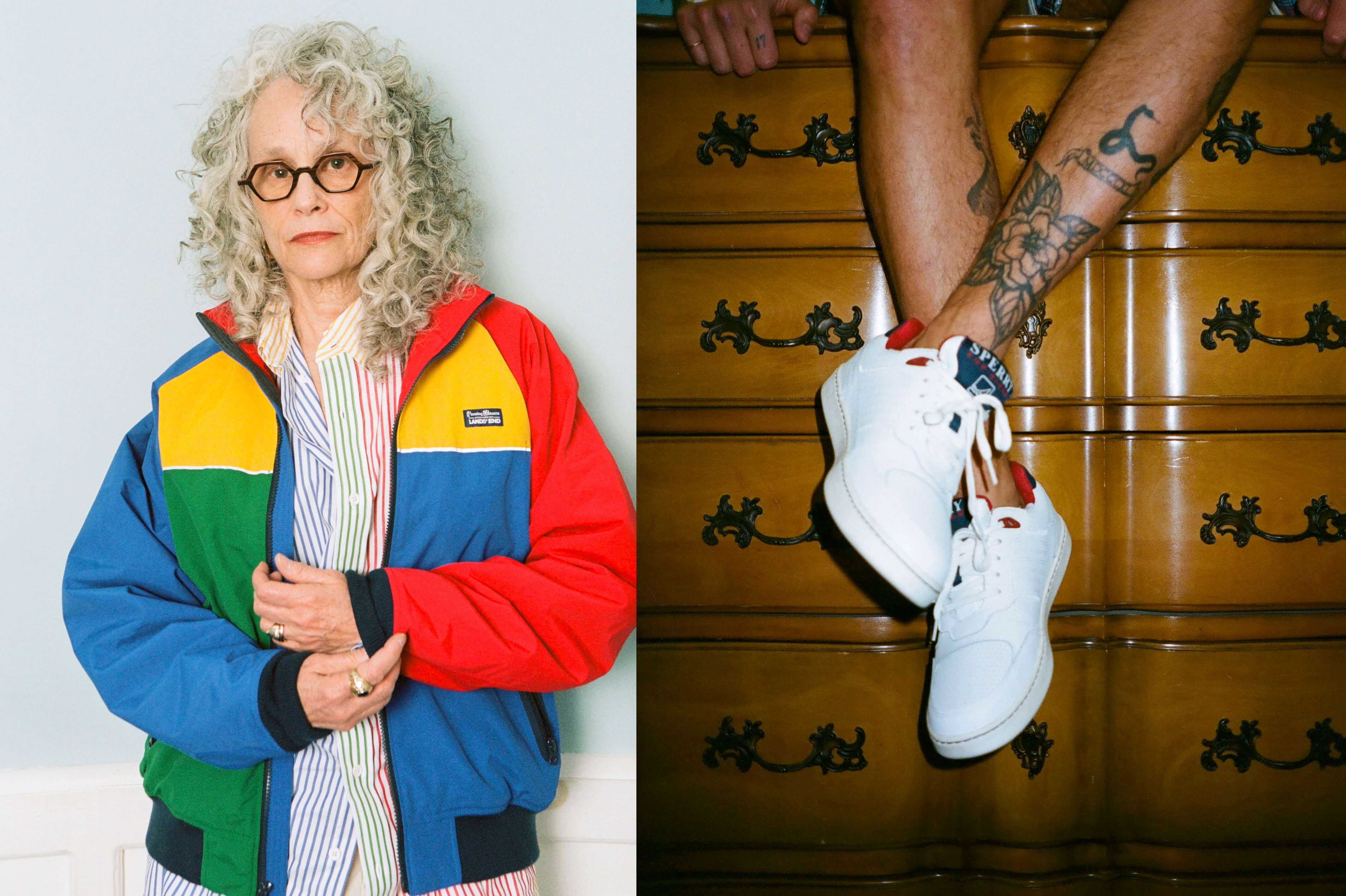 Female model wearing the OG Fun Shirt and the Rowing Blazers X Lands' End Og Colorblock Lightweight Spring Squall Sailing Jacket. Male model wearing the Sperry x Rowing Blazers Sperry Cloud Cup Sneaker in navy and red