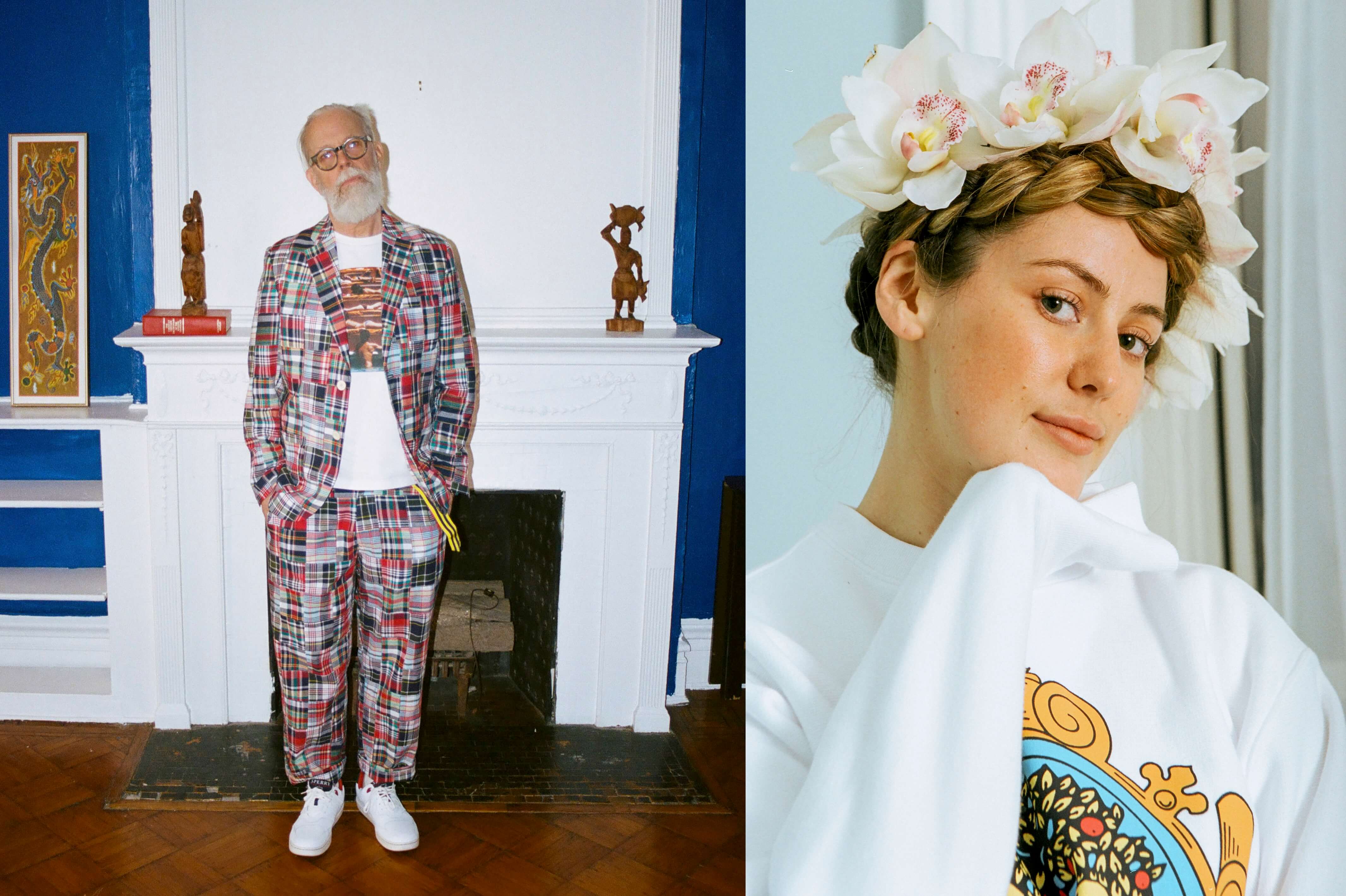 Male Model wearing the Bishop Patchwork Madras Blazer, the Bishop Patchwork Madras Trousers, and the Slim Aarons 